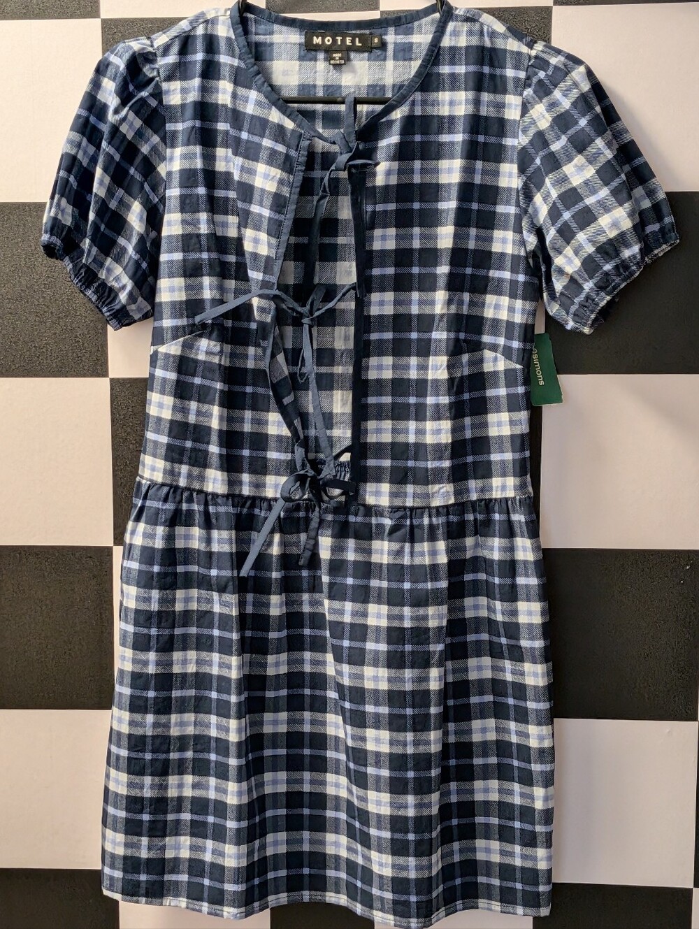 NWT Motel Rocks Navy & White Plaid Tie-Front Short Sleeve Dress